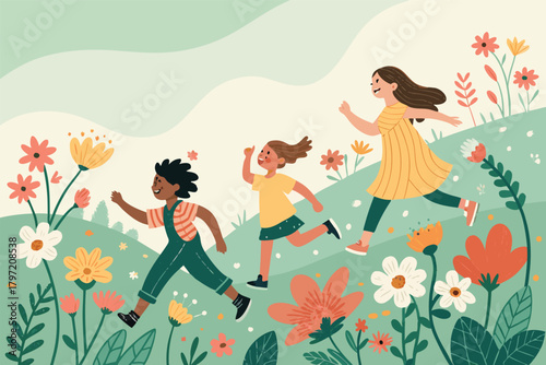 Children joyfully sprint through a vibrant, sun-drenched meadow bursting with diverse wildflowers.