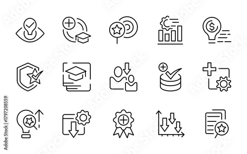 Quality Control line icon set. Evaluation, inspection, product, certificate, quality check, assurance, process, line icon set. Ui thin line icon pack.