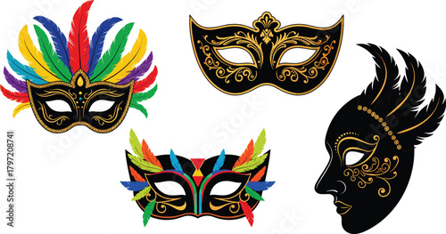 Colorful carnival masquerade masks with feathers, elegant venetian mask illustration, festival costume party design, ornate decorative vector art collection