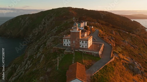 Aerial view of the Faro de Fisterra lighthouse, Galicia, northern Spain