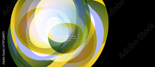 Abstract design features overlapping translucent circles. Yellows, greens, blues create dynamic visual effect. Bright center draws attention.