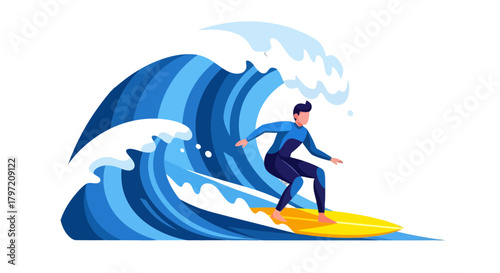 Surfer Riding A Giant Wave On Bright Yellow Surfboard Against Black Background
