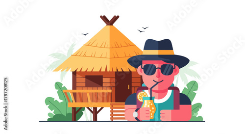 Relaxing Vacation Illustration Of A Man Enjoying A Tropical Drink By A Beach Hut