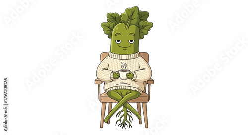 Relaxing Vegetable Character Enjoying Coffee While Sitting on a Wooden Chair