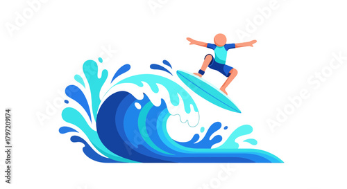Surfer Riding A Giant Wave Underneath The Sun With High Adrenaline Energy