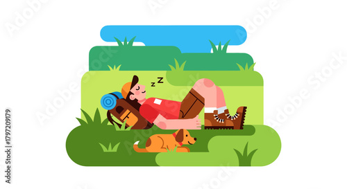 Restfull Moments: Adventurer Napping With His Canine Companion After A Long Hike