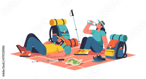 Restful Hiking Duo Enjoying Refreshments And Preparing For Trekking Adventures