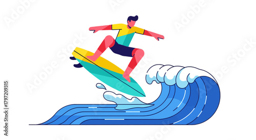 Surfer Taking Flight Over a Majestic Wave on a Vibrant Blue Ocean Surfboard Ride
