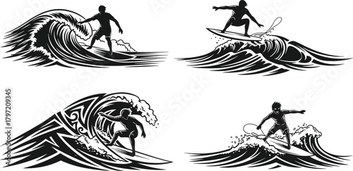 Dynamic surfer silhouettes riding ocean waves, extreme water sport illustration, surfing action artwork, tropical beach surf design, adventure concept graphic