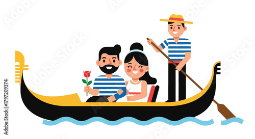 Romantic Couple Rowing On Gondola In Venice Italy With Gondolier And Rose