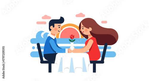 Romantic Evening Couple Holding Hands While Enjoying a Sunset Date at a Restaurant