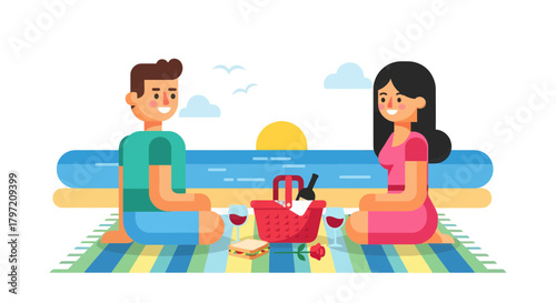 Romantic Seaside Picnic With Sunset, Happiness, And Leisure Time, Modern Illustration