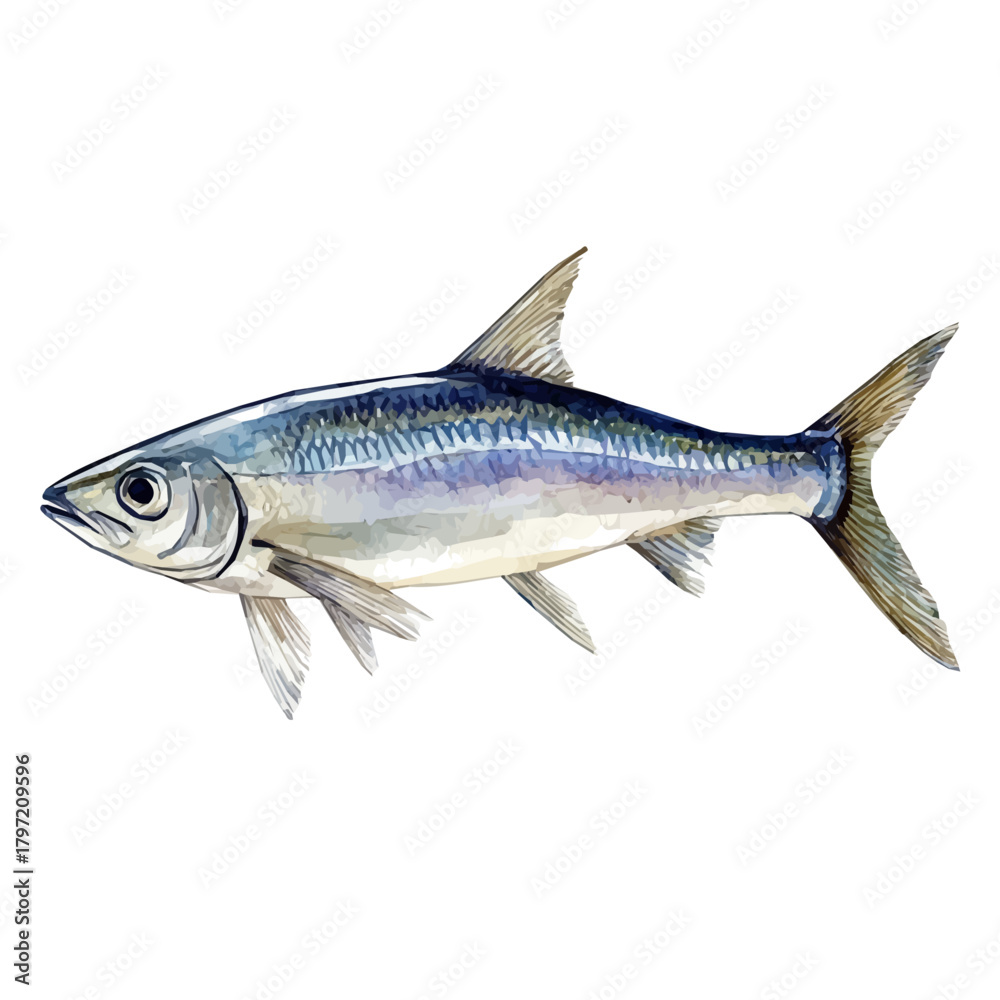 Fototapeta premium Watercolor wild anchovy fish set, softly painted and separated on a white background, is crafted as a minimal yet artistic element for creative designs. EPS format, vectorized