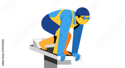 Swimmer In Position About To Initiate The Race Against The Black Surface