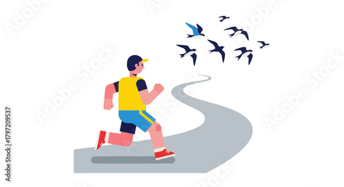 Runner Following Path With Birds Flying Towards Horizon Depicting Freedom and Growth