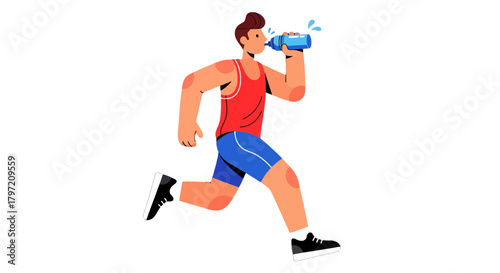 Runner Hydrating During A Workout, Cartoon Style, Against A Black Background