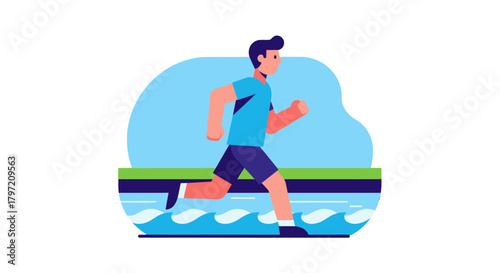 Runner Exercising Beside Aquatic Landscape Sport Illustration In Healthy Lifestyle Theme