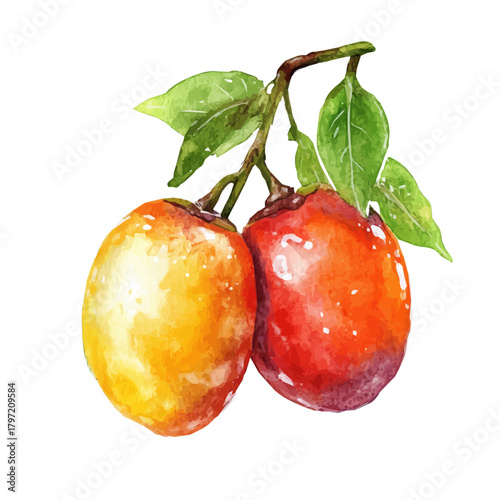 Watercolor wild ambarella fruit set, softly painted and separated on a white background, is crafted as a minimal yet artistic element for creative designs. EPS format, vectorized
