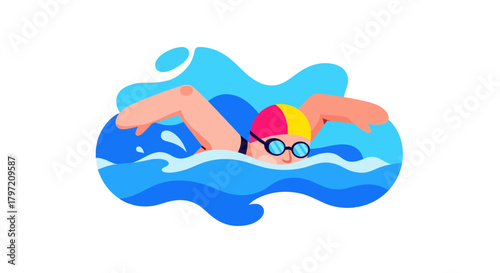 Swimming Athlete Illustrated in a Pool of Water, Showing Sport and Healthy Lifestyle