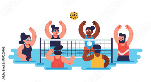Swimming Pool Volleyball Players Compete In Aquatic Sport, Enjoying Summer Activity