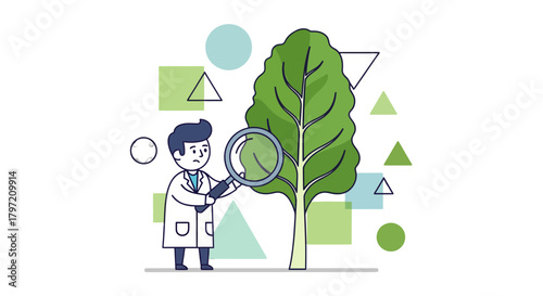 Scientist Examining Tree with Magnifying Glass Amidst Abstract Geometric Designs