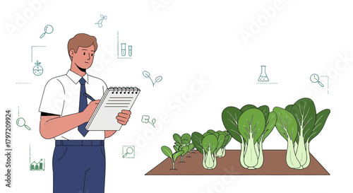 Scientist Studying Bok Choy Growth And Recording Data On A Notepad In A Garden Setting