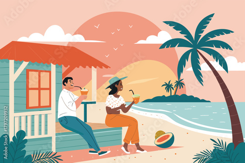 A happy, relaxed couple savoring refreshing coconut drinks by a charming beach hut, tropical vacation bliss.