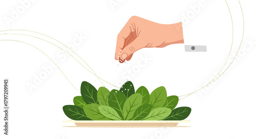 Seasoning Fresh Greens: A Culinary Illustration with Sprinkled Texture and Vibrant Color