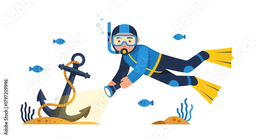 Scuba Diver Explores The Underwater Depths Finding An Anchor With A Light