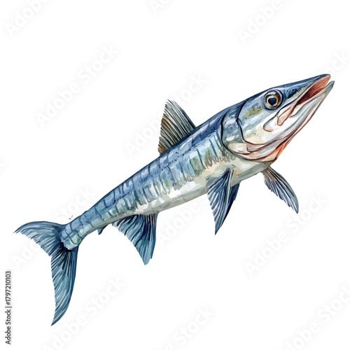 Minimal_Painted_in_watercolor, illustration_of barracuda fish, hand-drawn_illustration, isolated_on_white, vector_EPS. vectorized