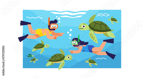 Snorkelers Interact With Turtles Underwater Exploring The Marine Environment Together
