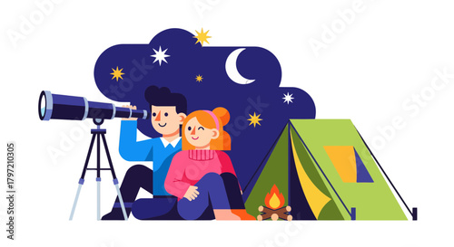 Stargazing Adventure: A Couple Enjoying Stars, Telescope, Camping And The Nighttime
