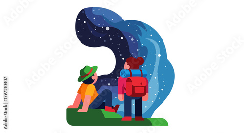 Stargazing Adventures: Two Hikers Admiring The Cosmic Wonders Of The Night Sky