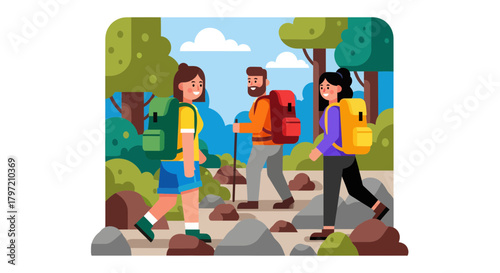 Three Hikers Enjoying An Amazing Hike Together Through A Beautiful Forest Landscape