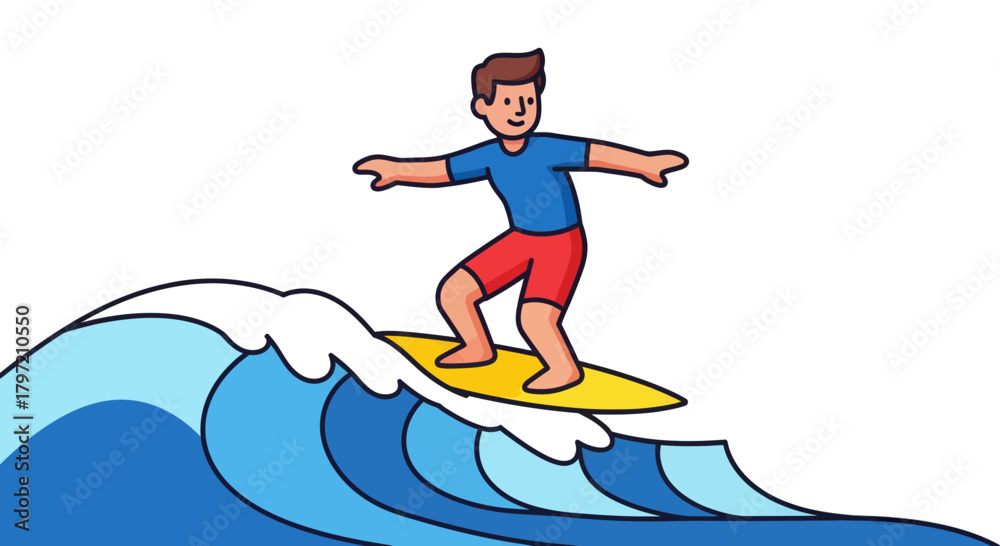 Fototapeta premium Thrilling Illustration Of Surfer Riding A Powerful Blue Ocean Wave Against Black Backdrop