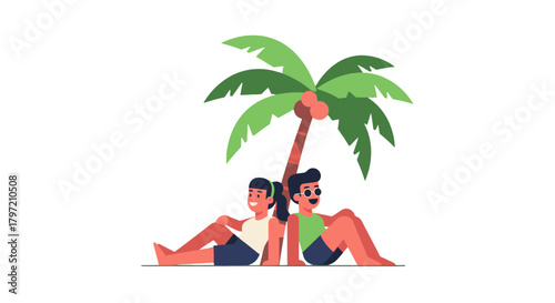 Summer Bliss: Two Friends Relaxing Under Palm Tree in Tropical Vibe