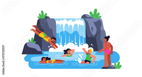 Summer Fun at the Waterfall: Joyful People Enjoying a Refreshing Swim and Dive