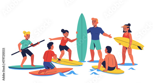 Thrilling Beach Adventure Depicting People Enjoying Surfing and Paddleboarding Activities