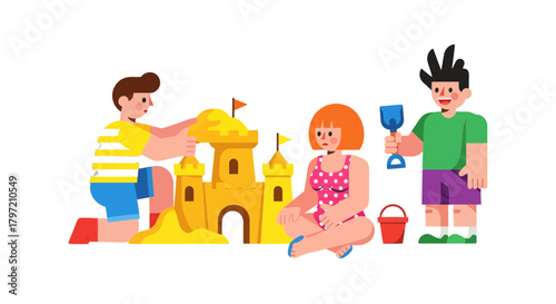 Summer Fun: Children Constructing a Sandcastle, Creating Memories Together