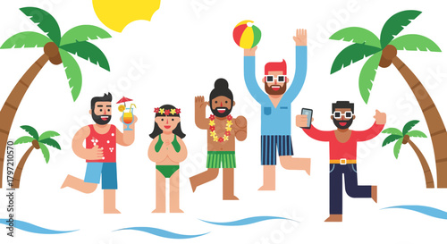 Summer Fun: Friends Enjoying Cocktails, Beach, Palms, And Festive Vacation Time