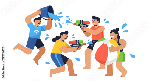 Summer Fun: Friends Playfully Cooling Off With Water Guns, Beach Ball, And Bucket