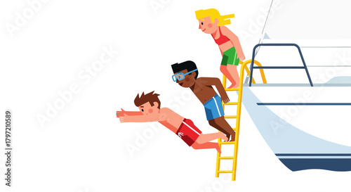 Summer Fun: Friends Diving Into The Ocean From A Yacht For Joyful Vacation Time
