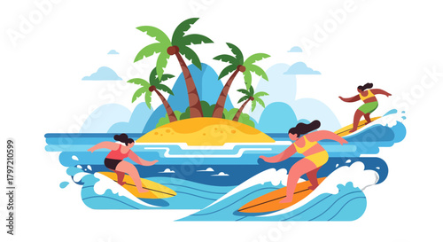 Summer Fun: Surfing Adventure on Tropical Waves Against a Black Backdrop Illustration