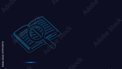 Futuristic Neon Line Art Vector Illustration Depicting Detailed Information Research And Study With A Magnifying Glass Hovering Over An Open Textbook Or Document On A Dark Background