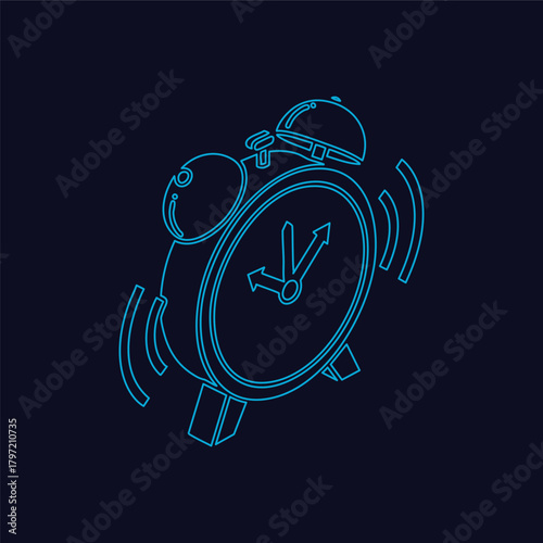 High-Tech Neon Blue Outline Alarm Clock Ringing Loudly Displaying Important Time Management Concept in Detailed Isometric Vector Graphic Illustration Design Element
