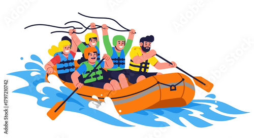 Thrilling Rafting Adventure: Group Enjoying Whitewater Rapids On A Sunny Day