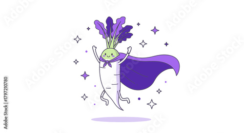 Superhero Radish: A Joyful Illustration of a Cheerful Root Vegetable in a Dark Dimension