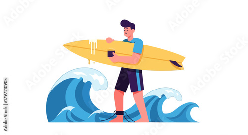 Surfer Man Holding Surfboard and Coffee Cup With Waves, Isolated on Black Background