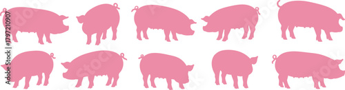 A delightful collection of vibrant pink pig silhouettes, featuring various dynamic poses, perfect for farm-themed designs, agricultural illustrations, and charming animal graphics