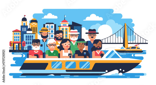 Tourists Enjoying Boat Ride With City's Iconic Landmarks in Picturesque Day